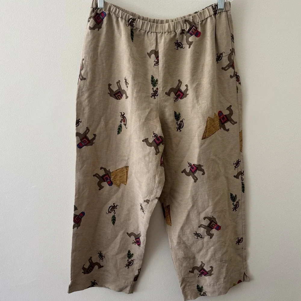 Vntg Chicos Design Silk Linen Pants Sz 3 (Large) Camel & Monkey‎ Desert Chic 90s